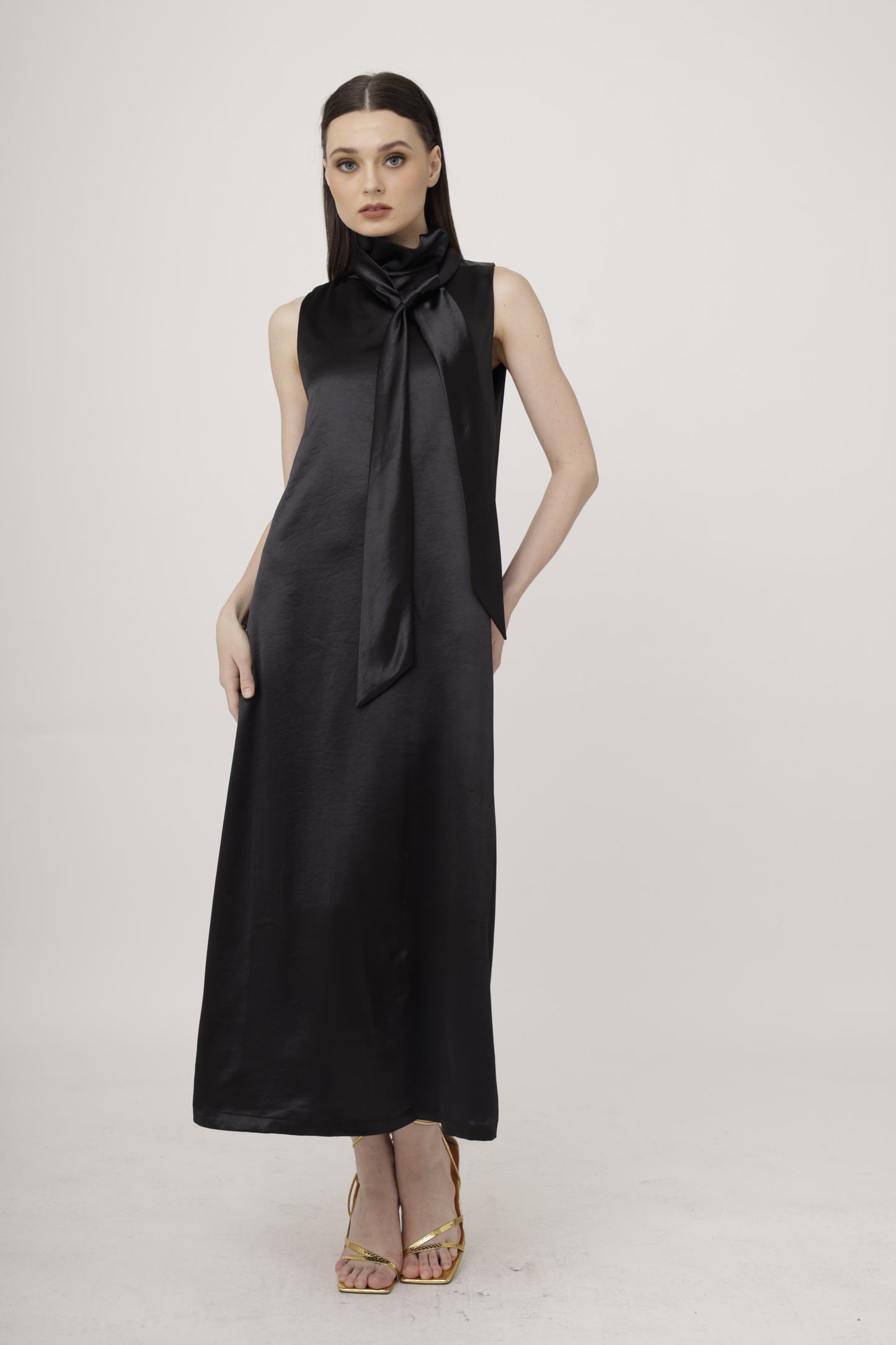 Tie-Neck Satin Halter Dress
