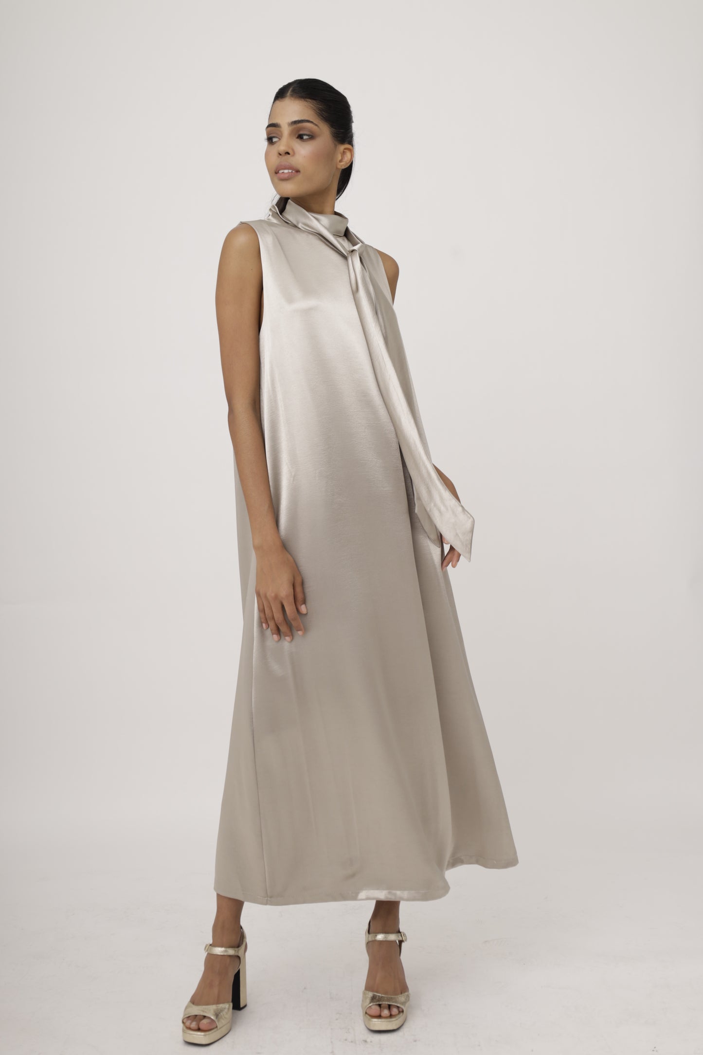 Tie-Neck Satin Halter Dress