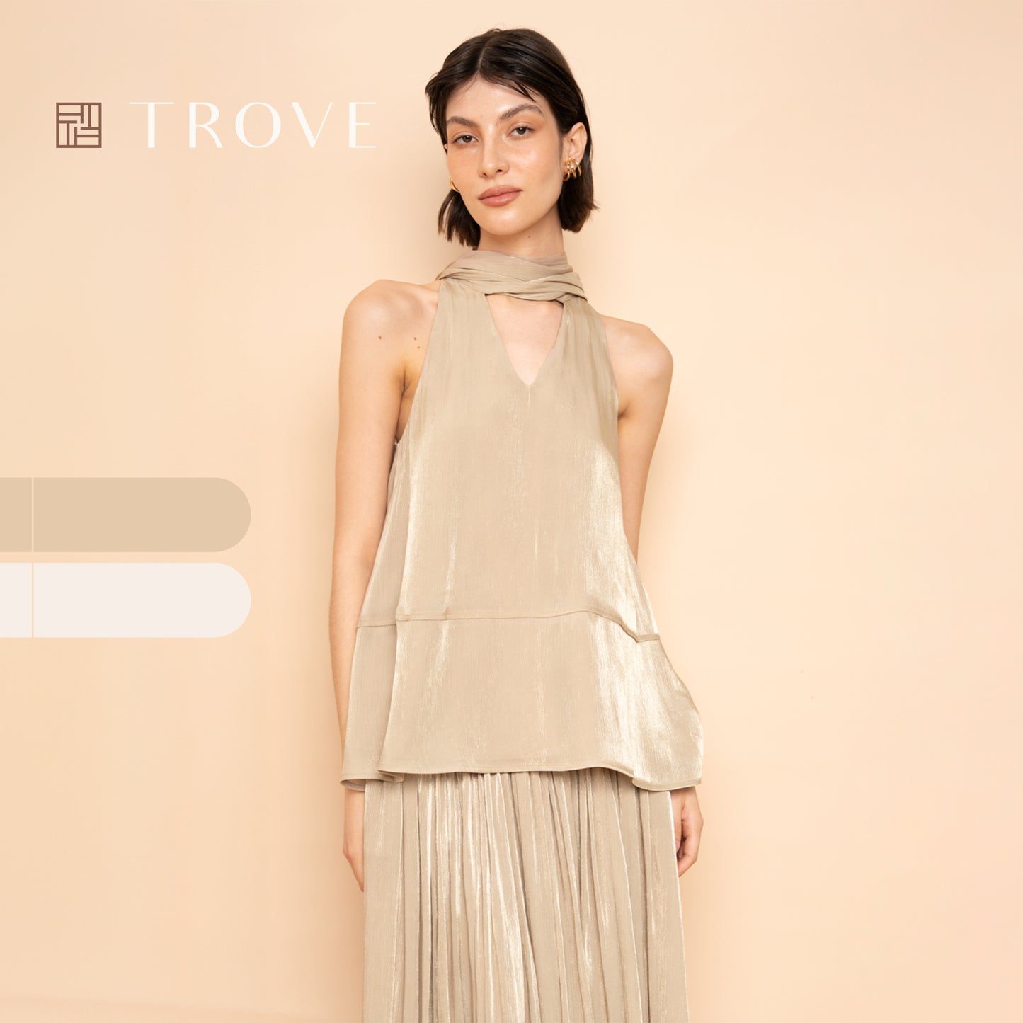Trove Luxe Halter Metallic Pleated Chiffon Top