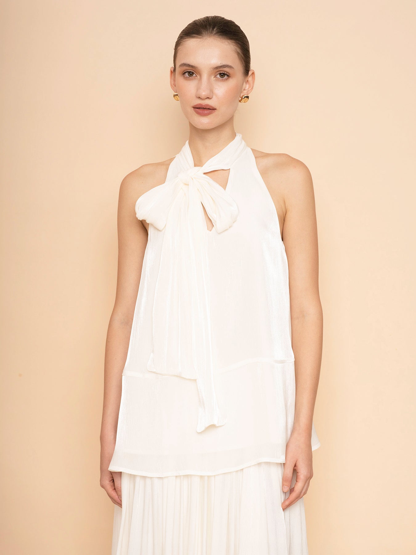 Trove Luxe Halter Metallic Pleated Chiffon Top