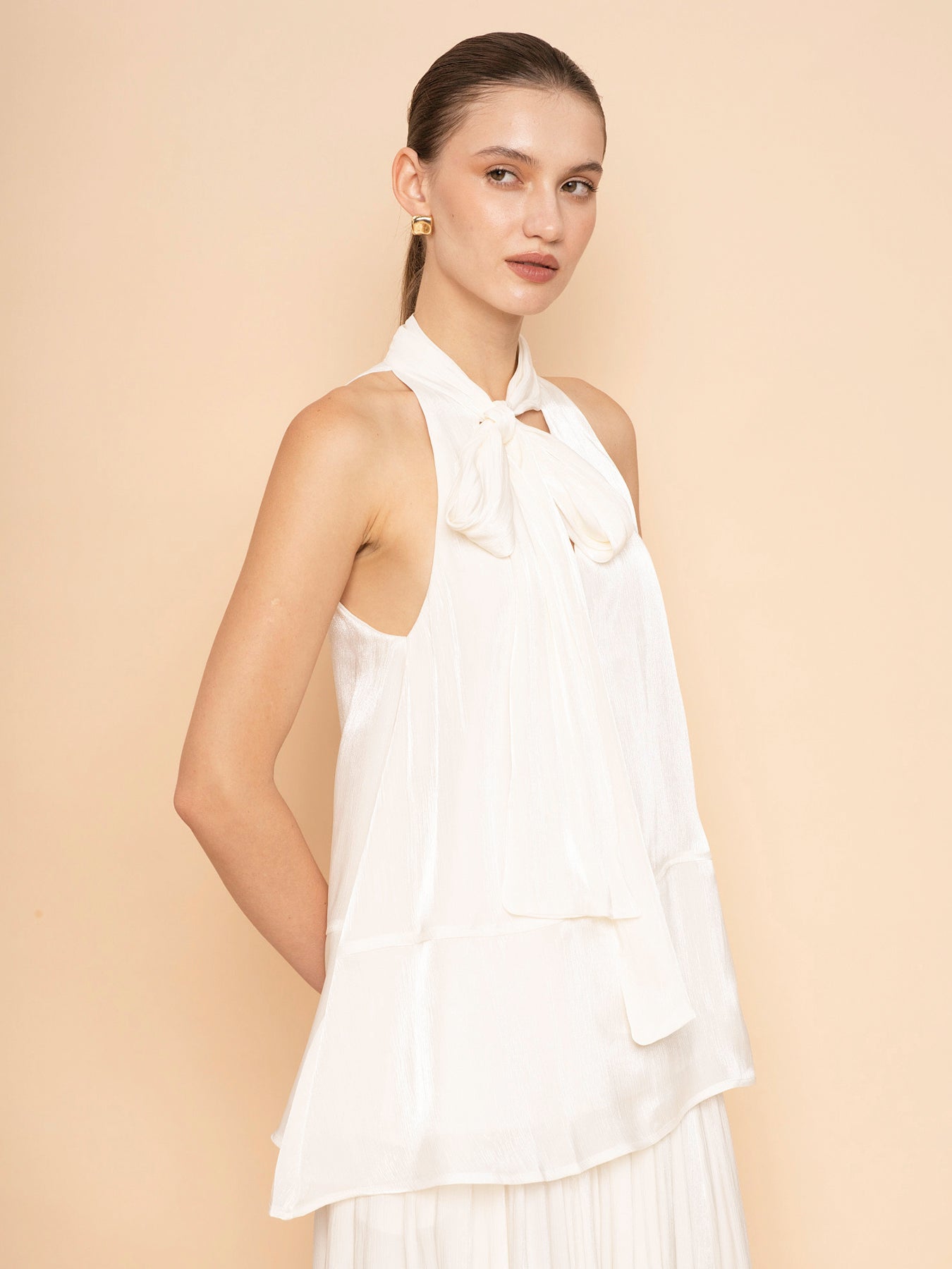 Trove Luxe Halter Metallic Pleated Chiffon Top