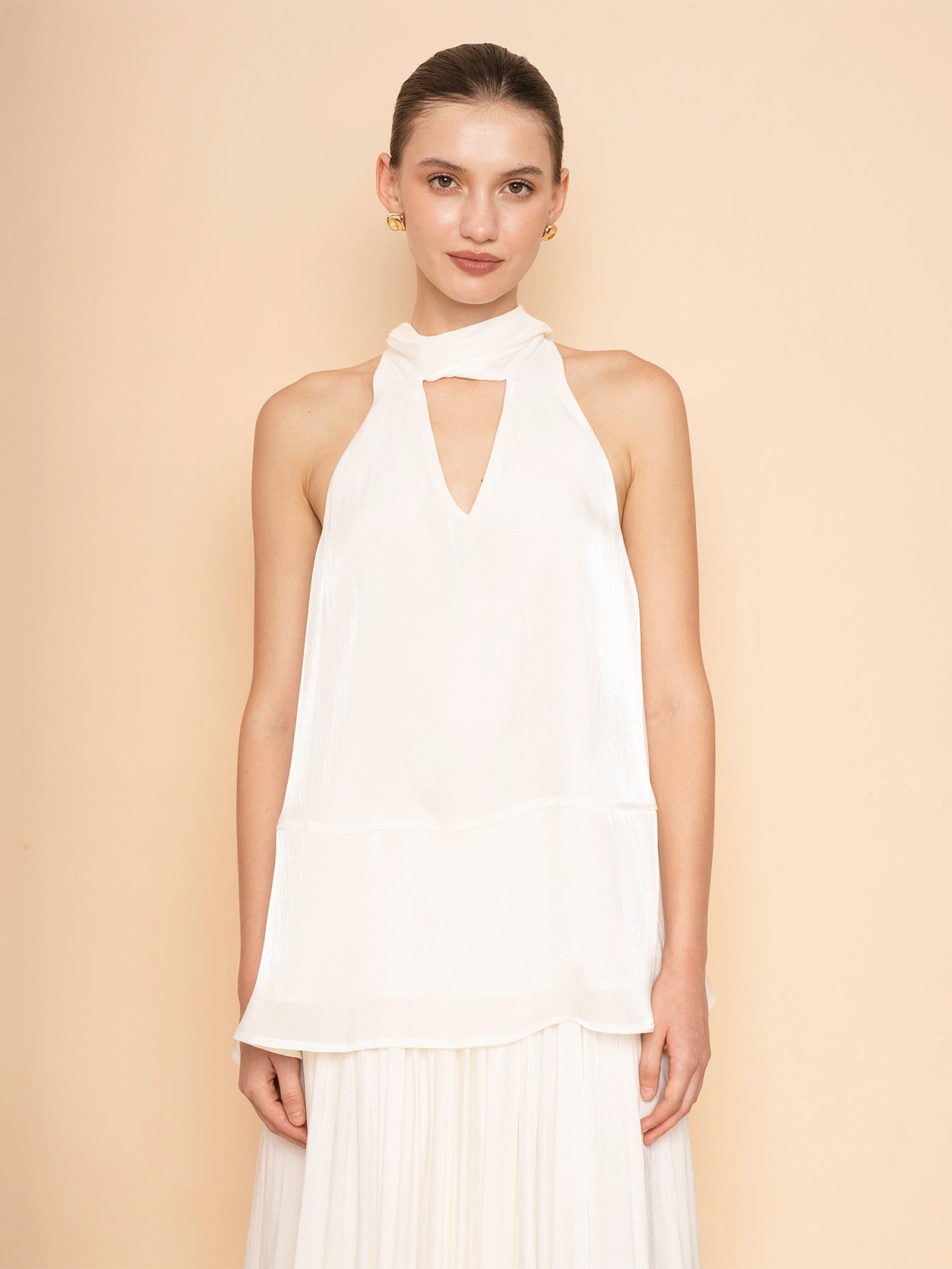 Trove Luxe Halter Metallic Pleated Chiffon Top