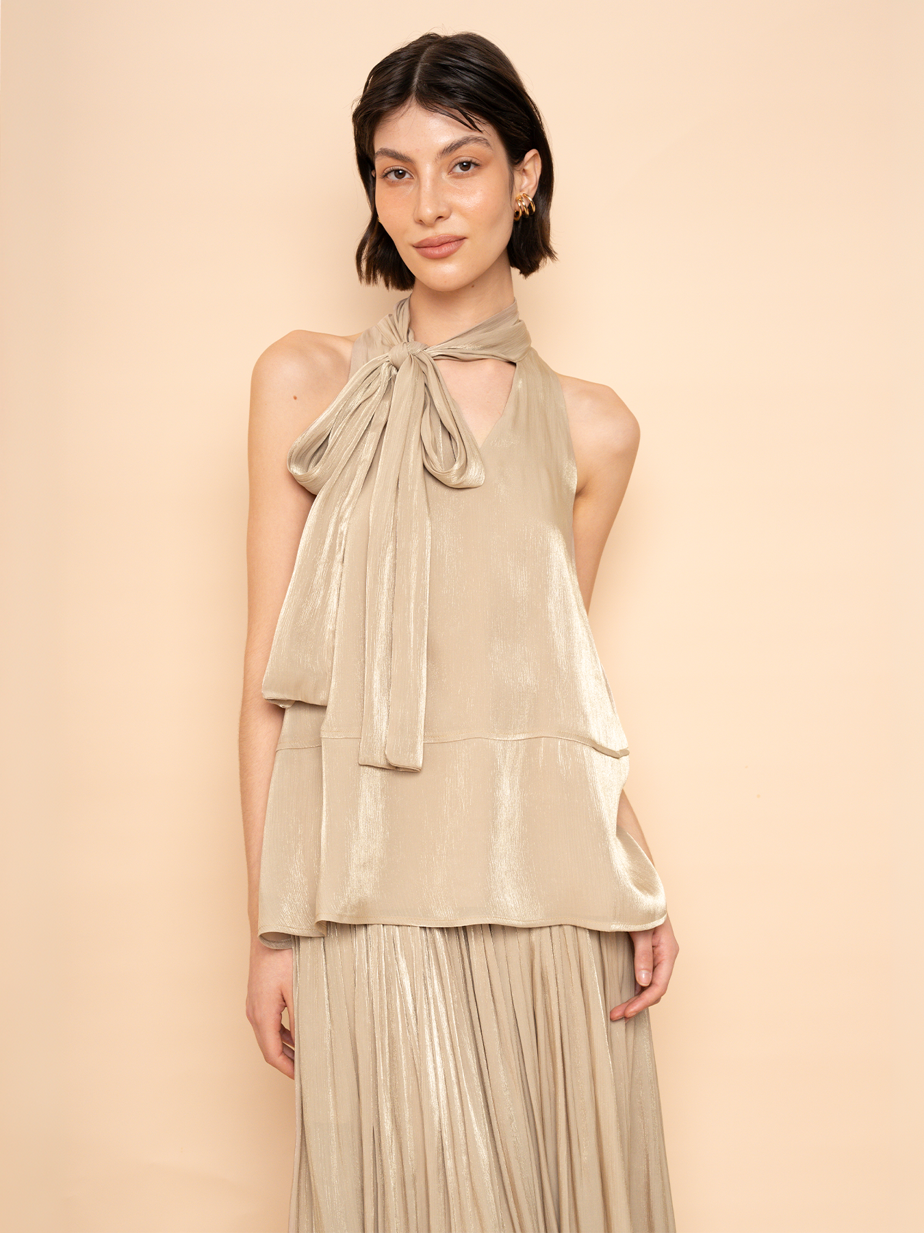 Trove Luxe Halter Metallic Pleated Chiffon Top