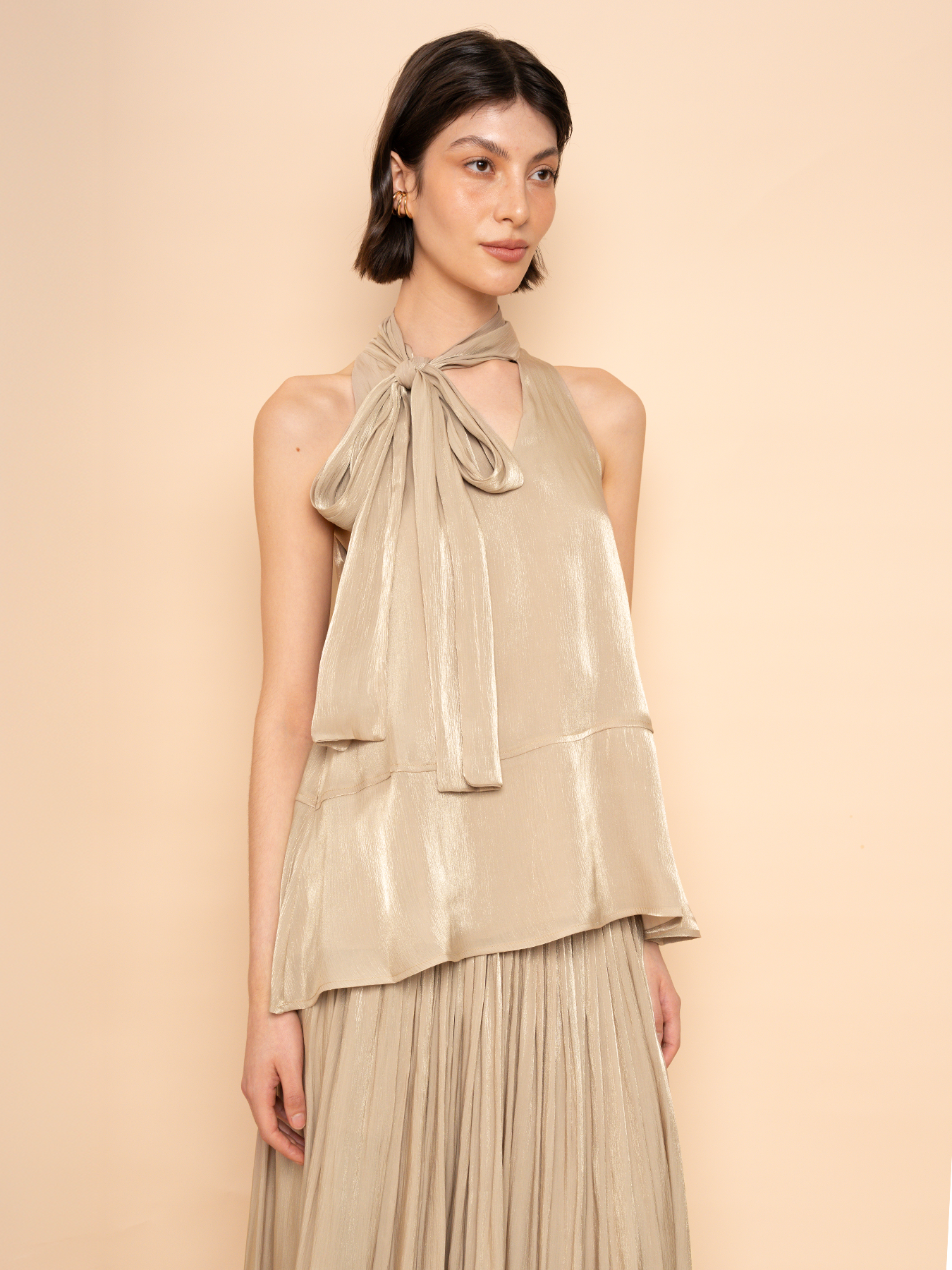 Trove Luxe Halter Metallic Pleated Chiffon Top