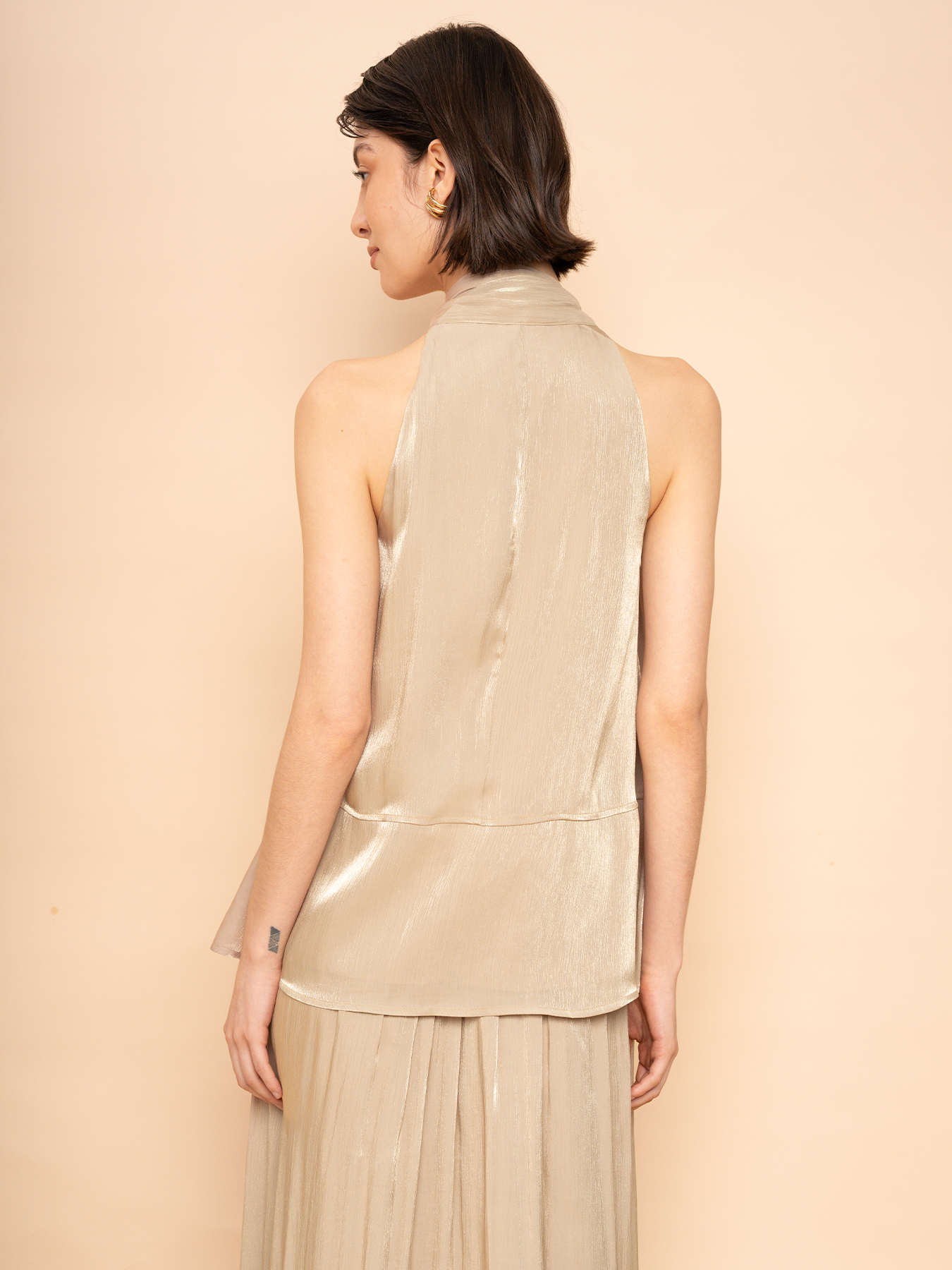 Trove Luxe Halter Metallic Pleated Chiffon Top