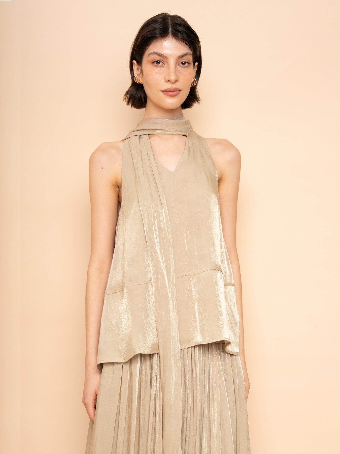 Trove Luxe Halter Metallic Pleated Chiffon Top